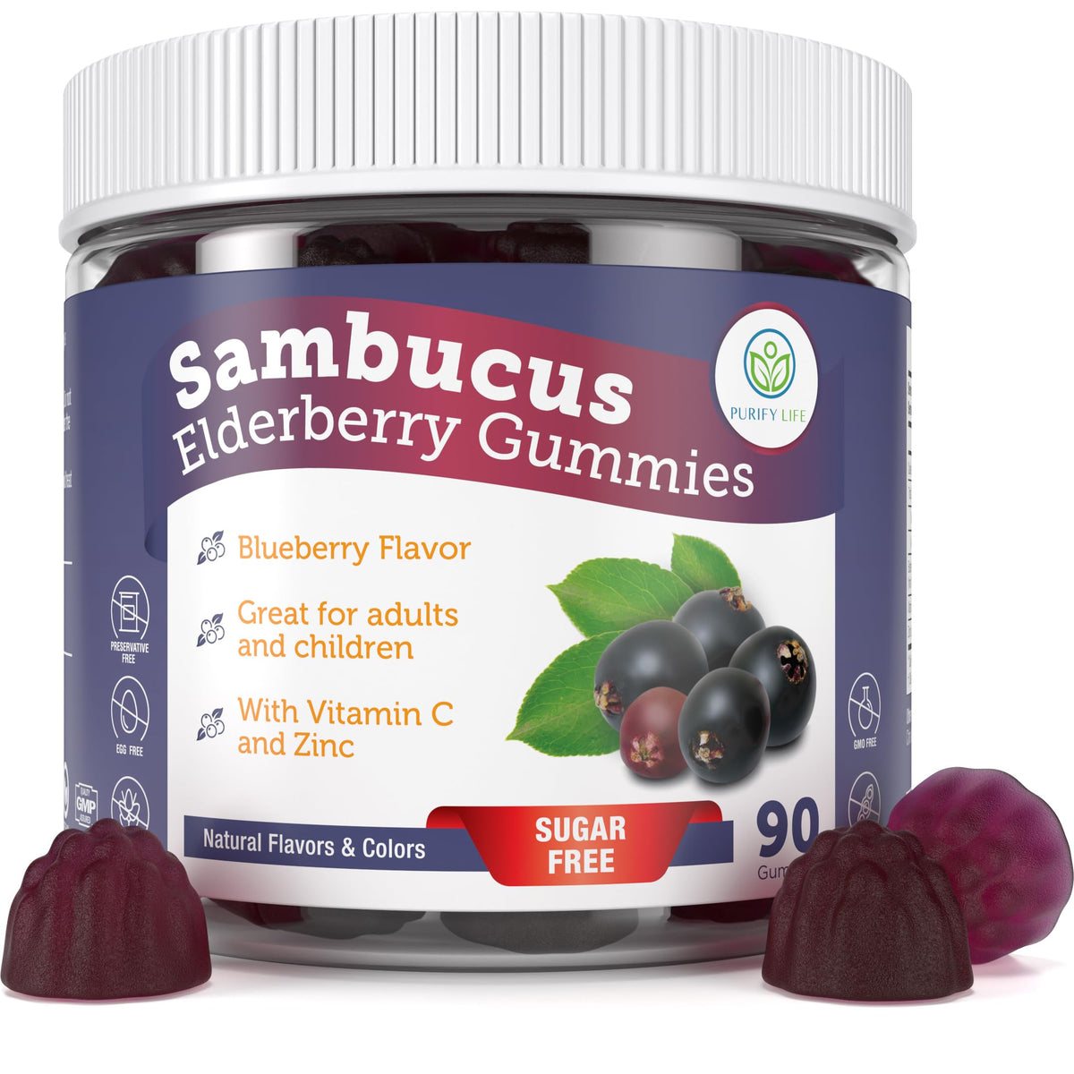 Purify Life Elderberry Gummies bottle shows sugar-free vegan immune support.