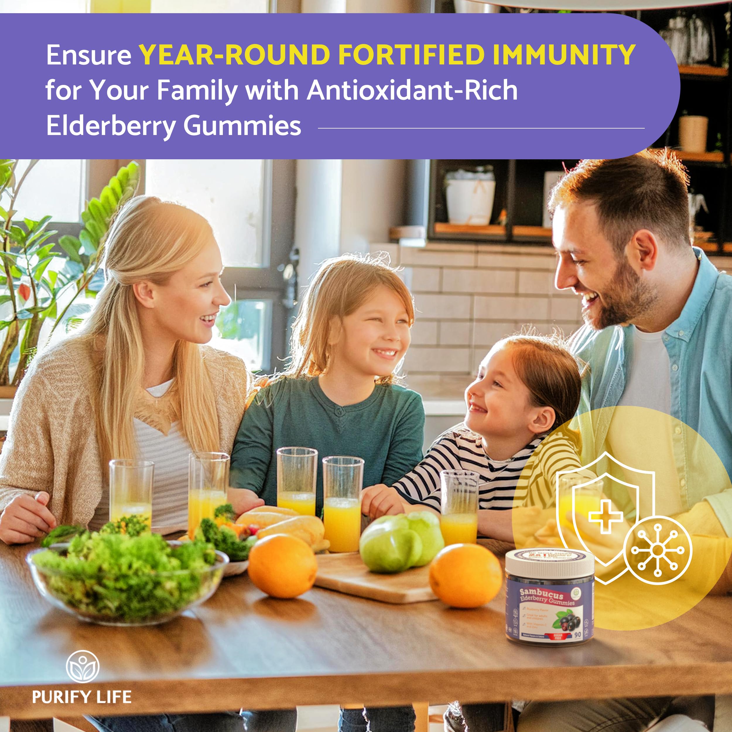 Purify Life Elderberry Gummies ingredients panel features zinc and vitamin C.