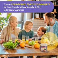 Purify Life Elderberry Gummies ingredients panel features zinc and vitamin C.