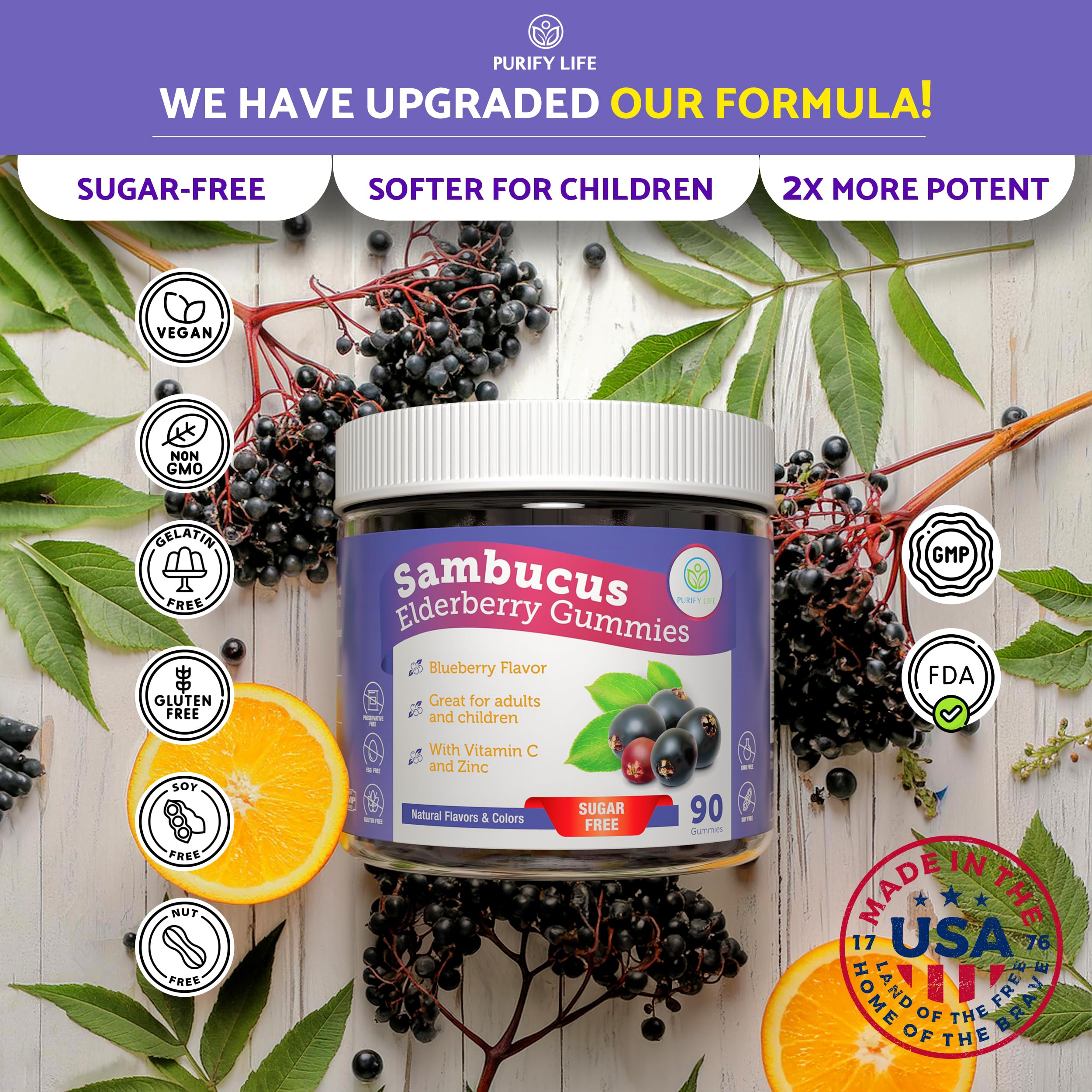 Purify Life Elderberry Gummies package highlights allergen-free upgraded blueberry flavor.