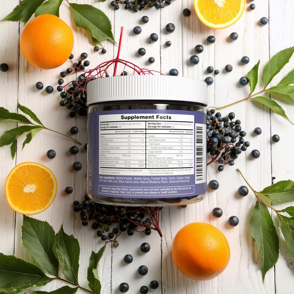 Purify Life Elderberry Gummies zinc and vitamin C close-up suggesting immune and respiratory benefits.