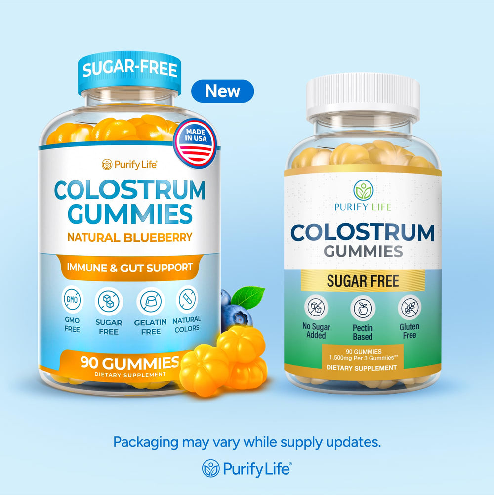Purify Life Sugar-Free Colostrum Gummies bottle in carton supports organized daily supplementation.