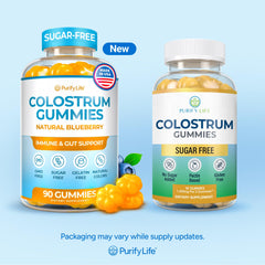 Purify Life Sugar-Free Colostrum Gummies bottle in carton supports organized daily supplementation.