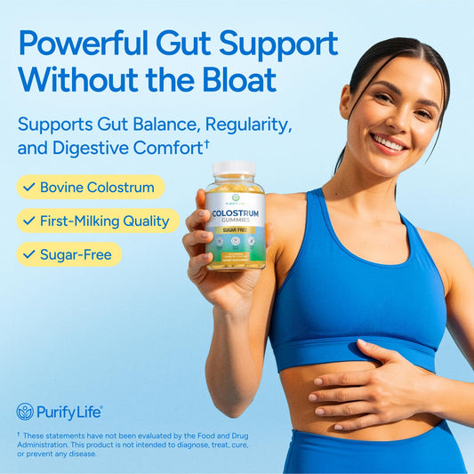 Purify Life Sugar-Free Colostrum Gummies ingredients panel highlighting 35% IgG for potential immune support.