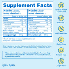 Purify Life Sugar-Free Colostrum Gummies blueberry flavor label, tasty daily wellness option.