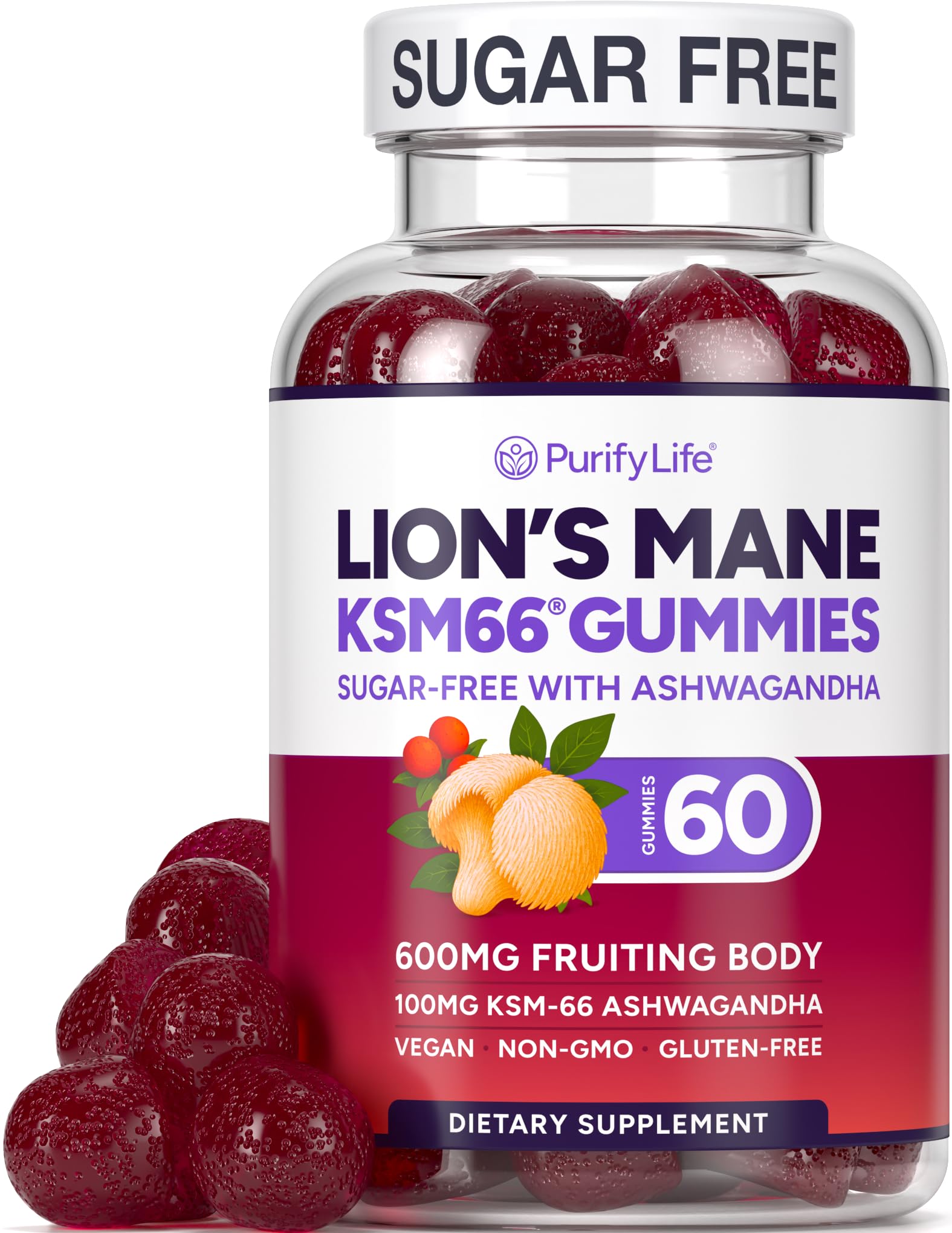 Purify Life sugar-free Lions Mane gummies bottle promotes convenient daily brain support