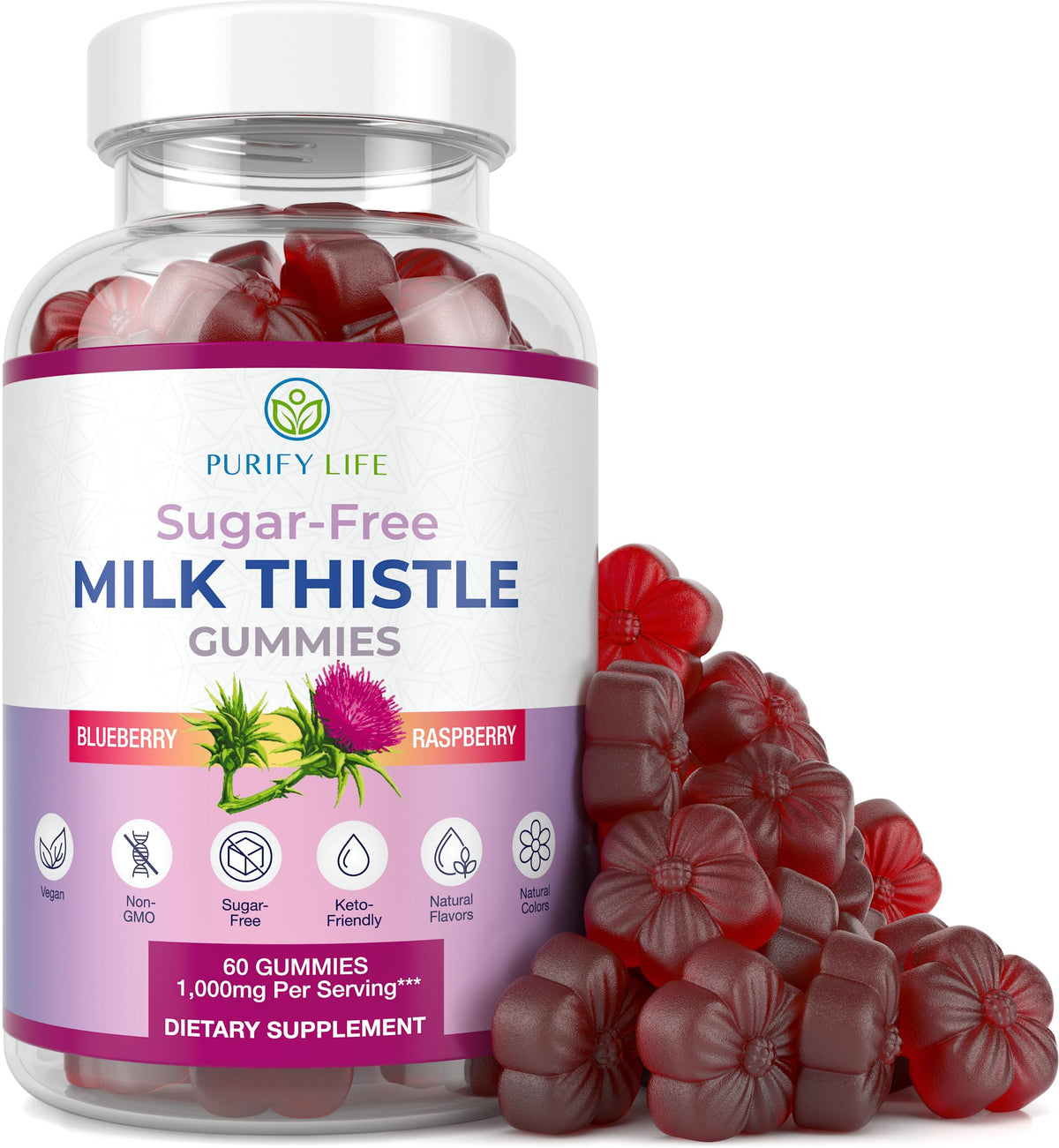 Purify Life bottle shows sugar-free milk thistle gummies in blueberry-raz flavor for convenient daily support