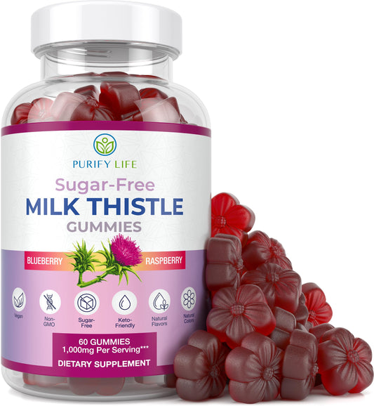 Purify Life bottle shows sugar-free milk thistle gummies in blueberry-raz flavor for convenient daily support