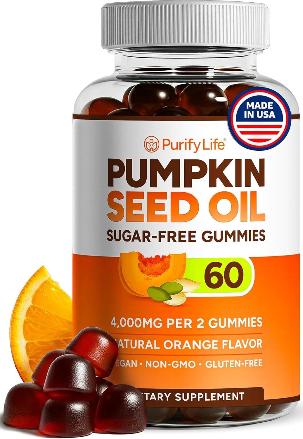 Purify Life sugar-free pumpkin seed oil gummies bottle for convenient daily wellness.