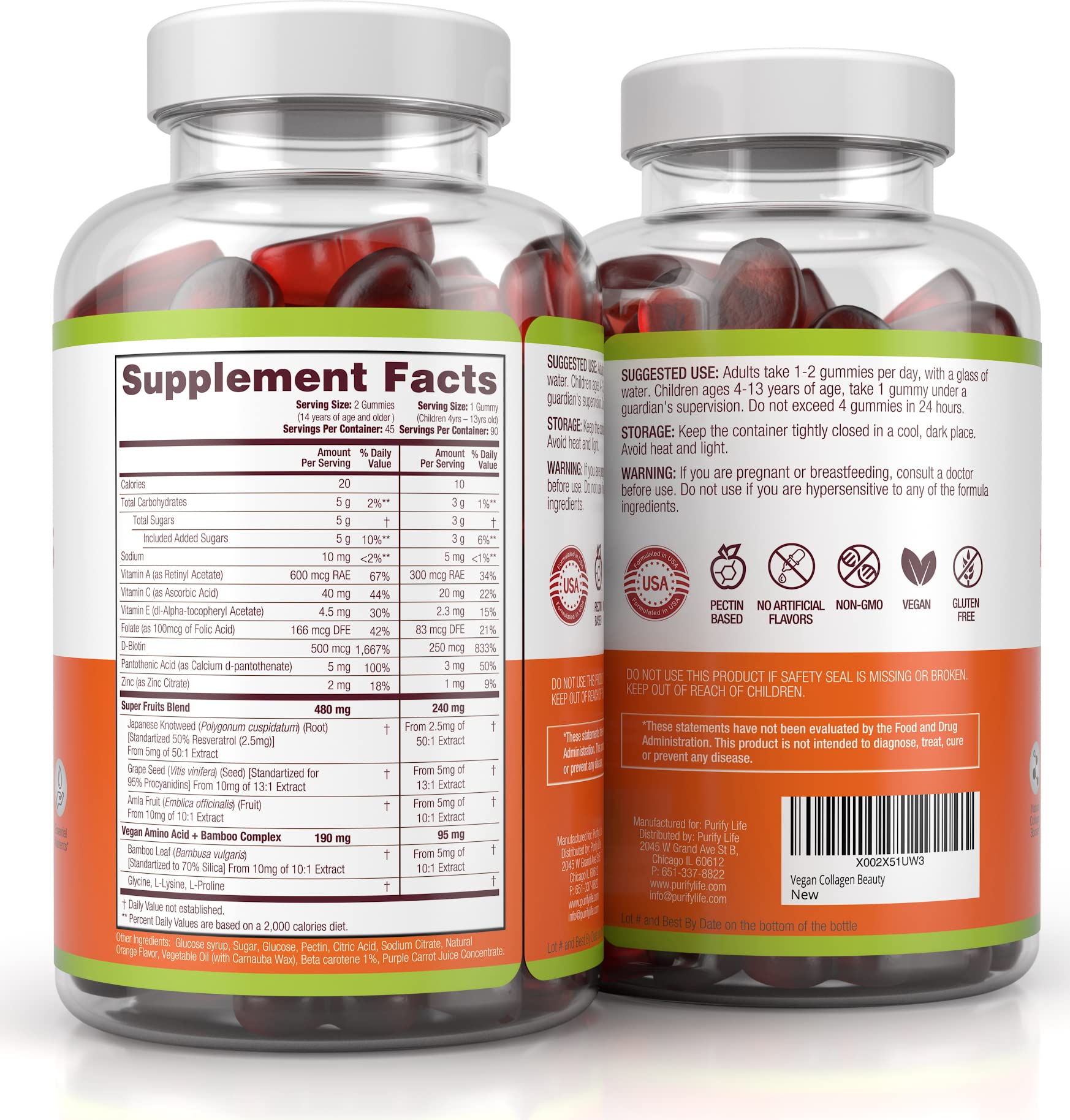 Purify Life vegan collagen gummies ingredient panel highlights bamboo silica and amino acids