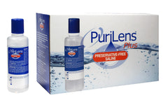 Purilens Plus saline bottle 120ml for rinsing lenses and on-the-go care.