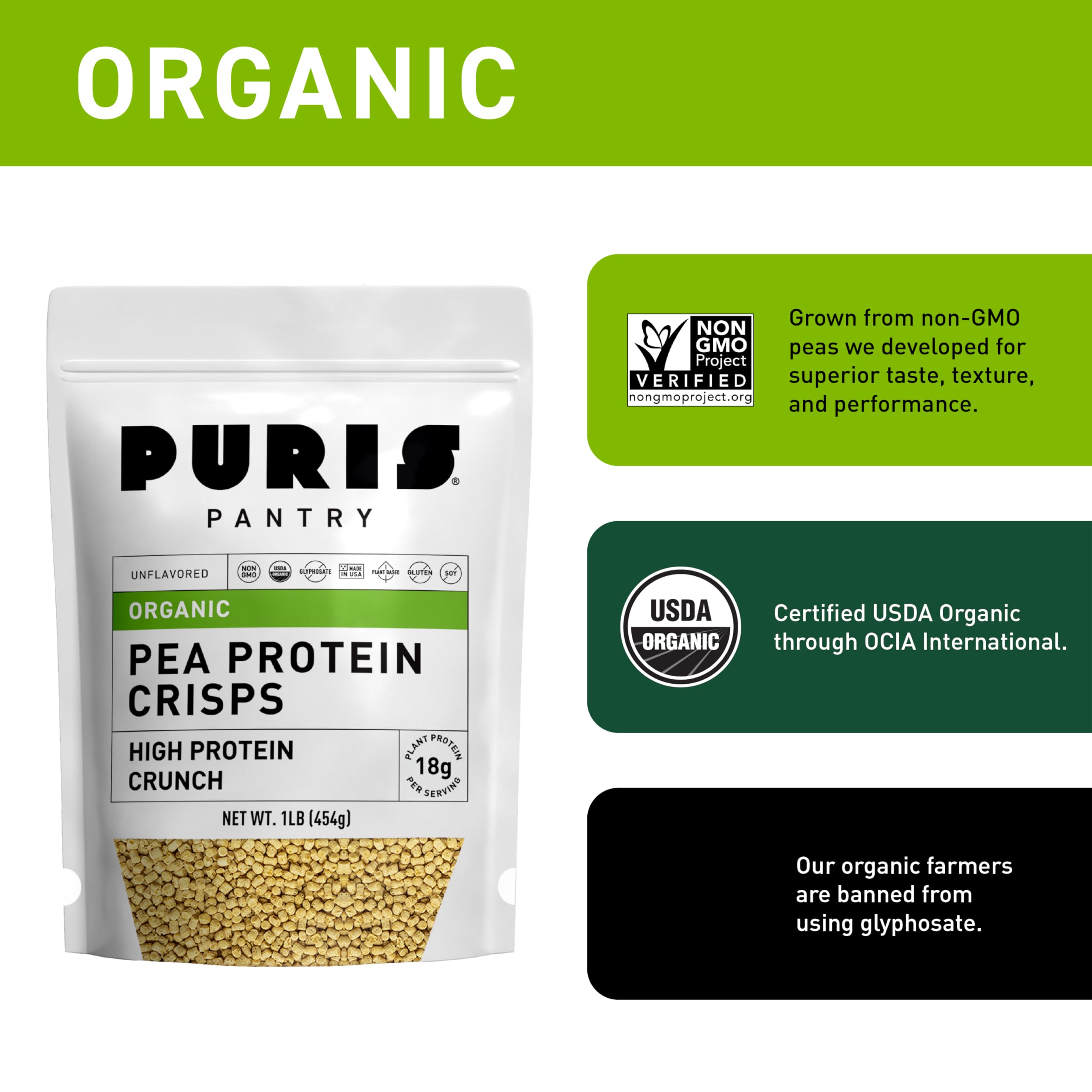 PURIS Organic Pea Protein Crisps keto-friendly crunch for low-carb meals.