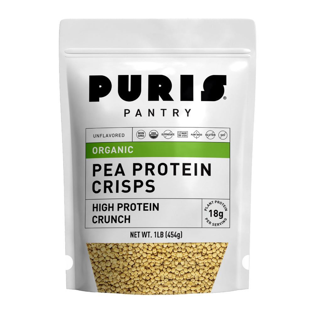 PURIS Organic Pea Protein Crisps packaging highlights USA-made, organic protein for clean snacking.