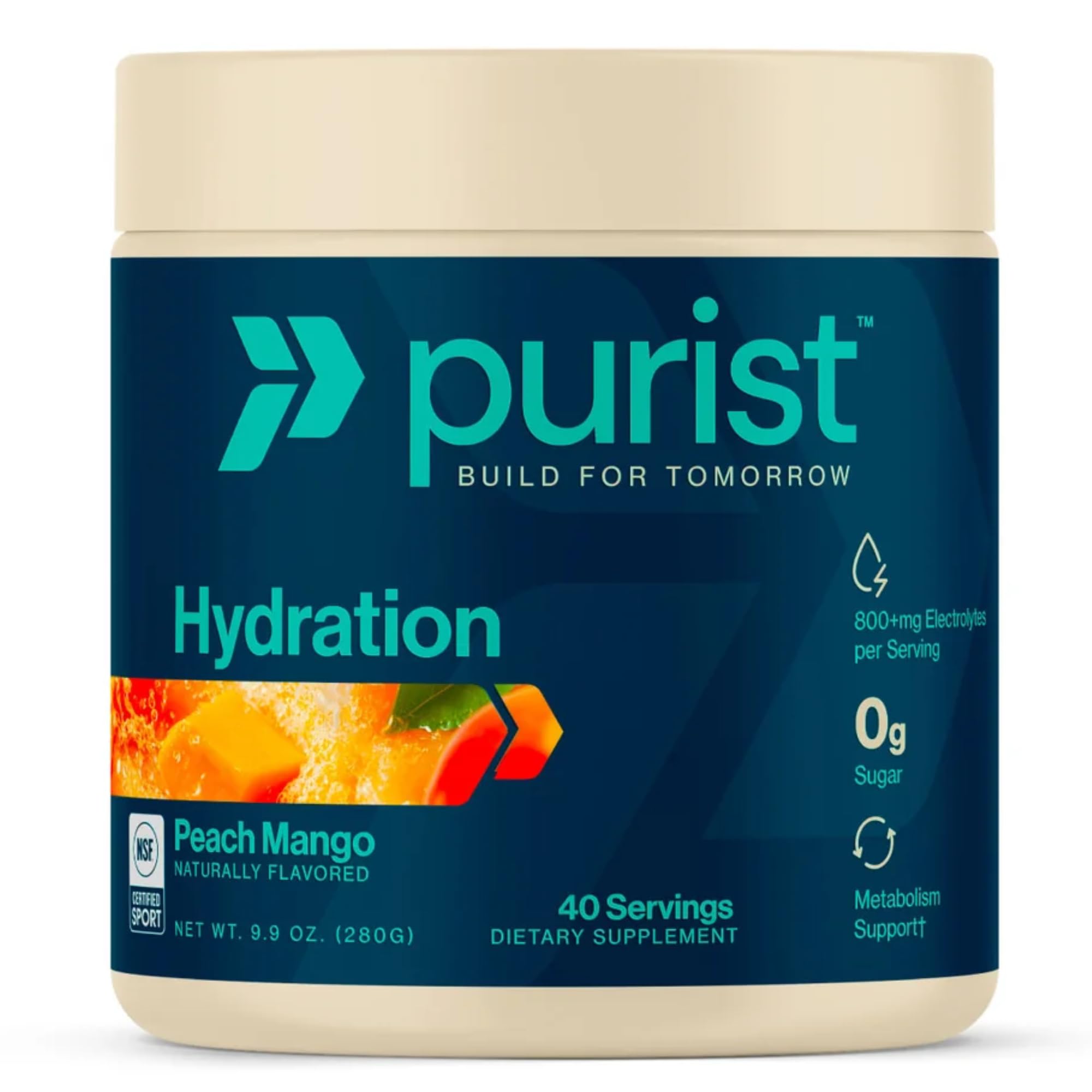 Purist Electrolyte Powder front label highlighting 800mg electrolytes for hydration