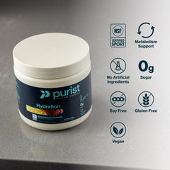 Purist Electrolyte Powder glass with ice ready for refreshing hydration.