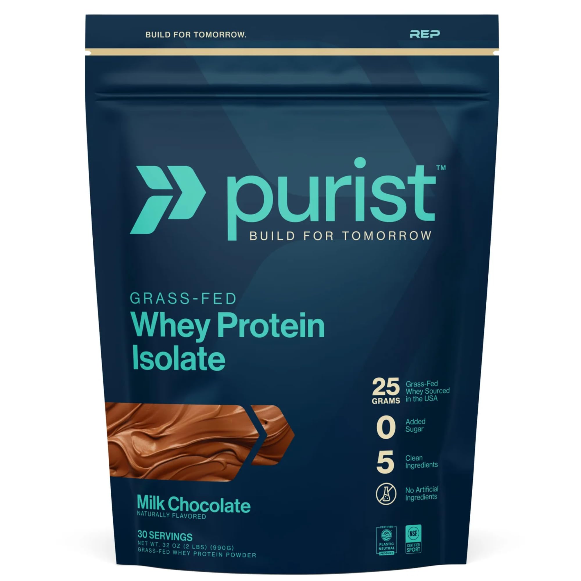 PURIST REP Whey Protein powder jar showing grass-fed origin and clean nutrition