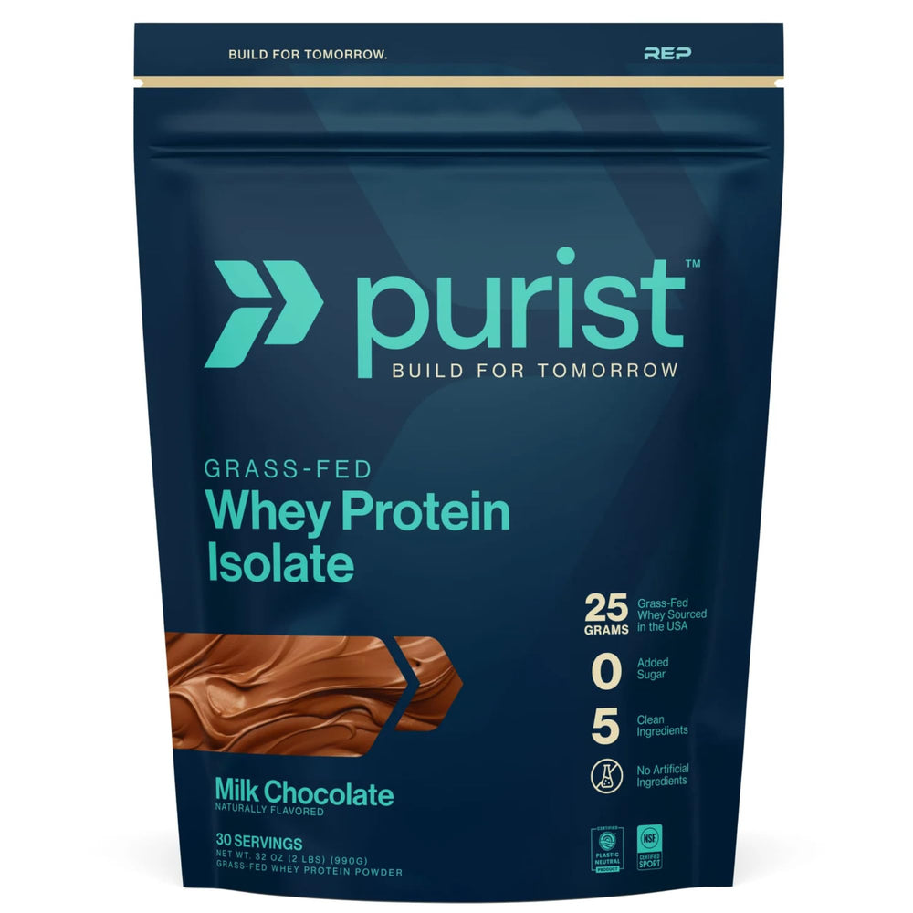PURIST REP Whey Protein powder jar showing grass-fed origin and clean nutrition