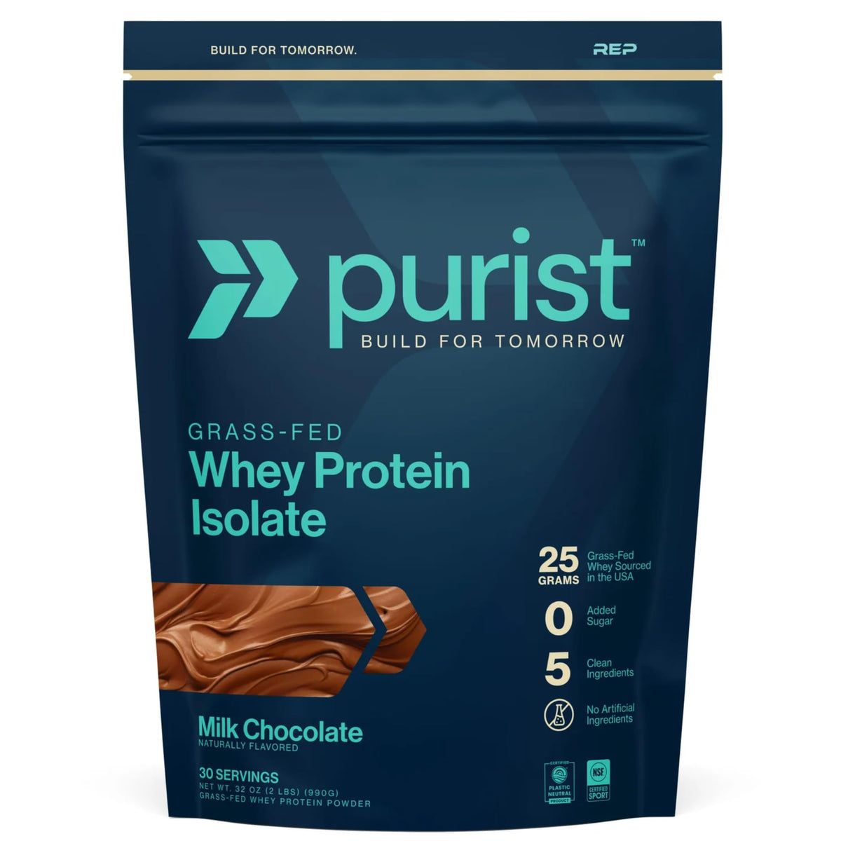 PURIST REP Whey Protein powder jar showing grass-fed origin and clean nutrition