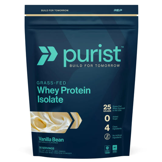 PURIST REP Whey Vanilla Grassfed Isolate bottle for clean workout fueling.