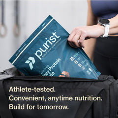 Kitchen setup featuring PURIST REP Whey Vanilla for quick energy.
