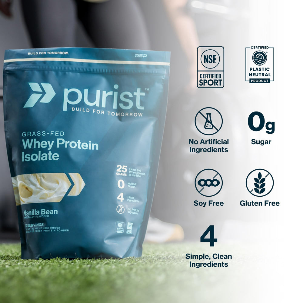 No artificial ingredients emphasized on PURIST REP Whey Vanilla packaging.