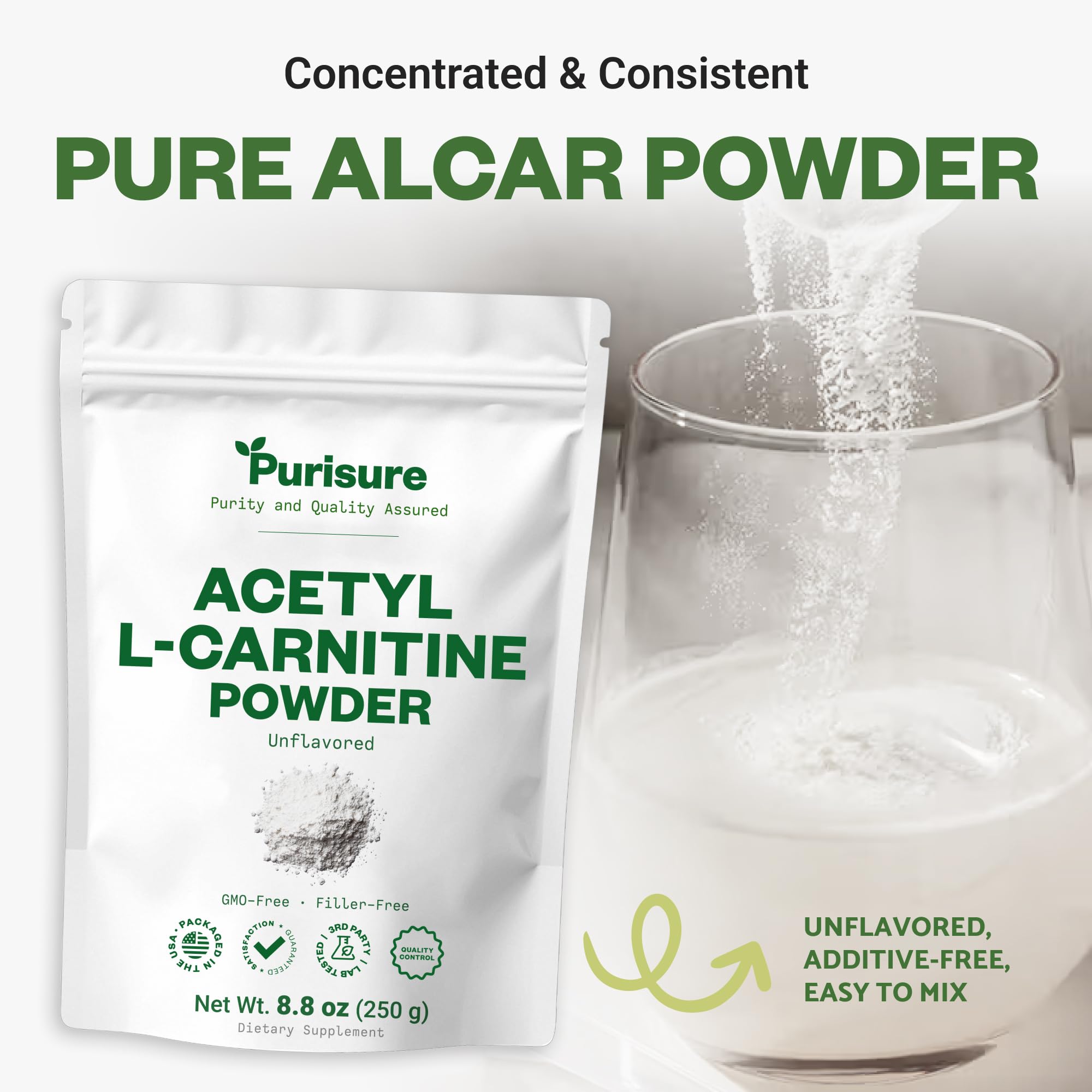 Purisure Acetyl L-Carnitine powder in a shake illustrating convenient energy metabolism.