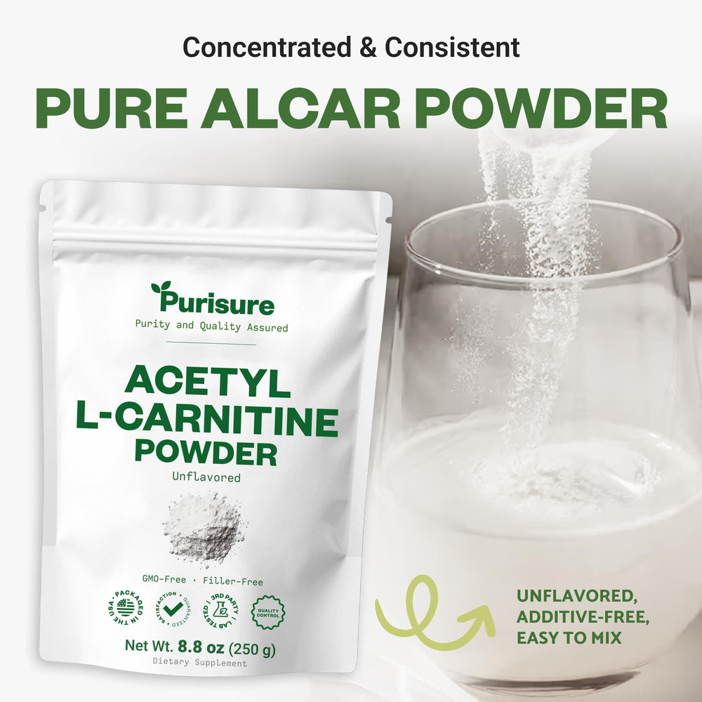 Purisure Acetyl L-Carnitine powder in a shake illustrating convenient energy metabolism.