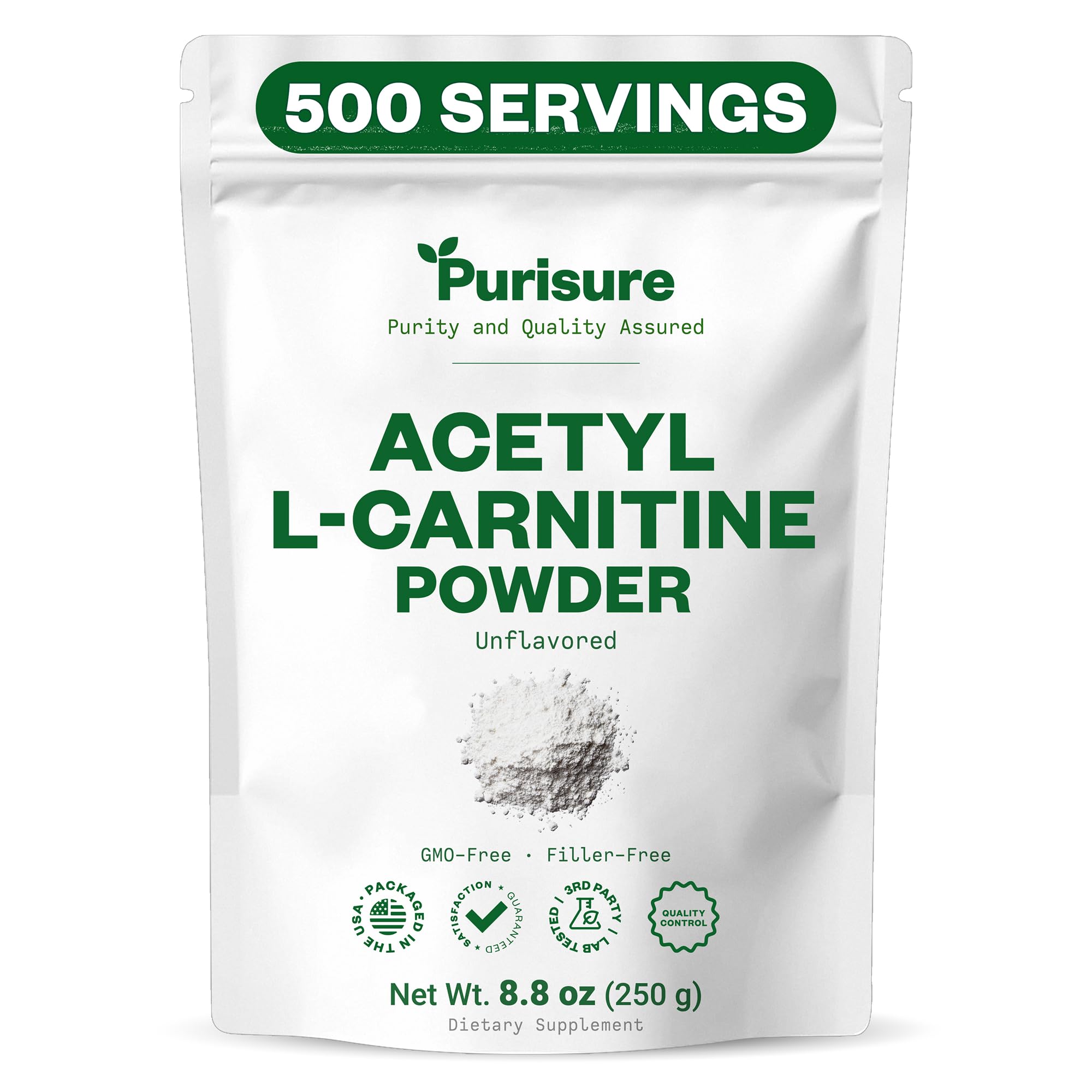 Purisure Acetyl L-Carnitine powder tub front for energy support.