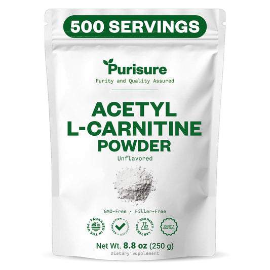 Purisure Acetyl L-Carnitine powder tub front for energy support.
