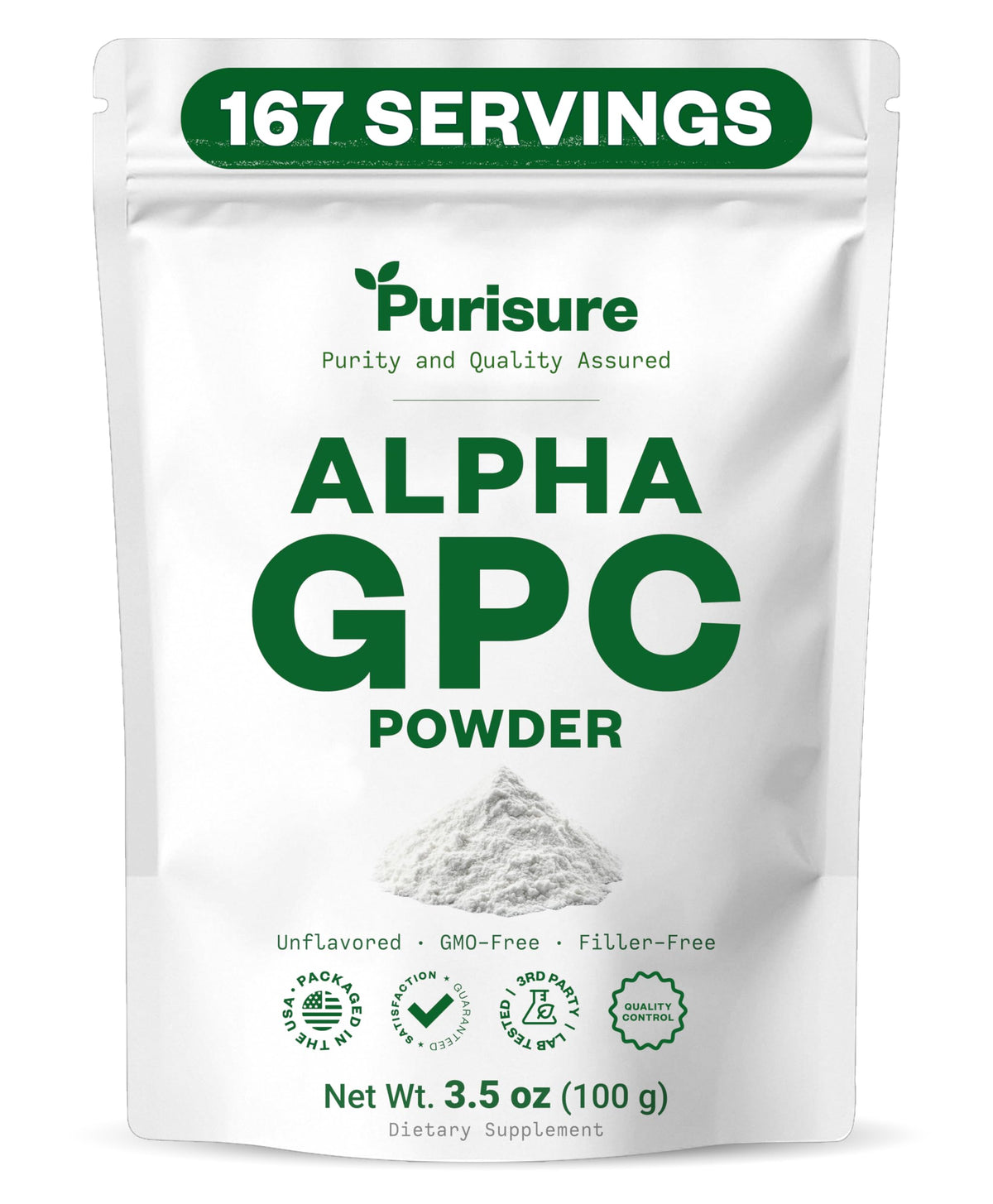 Purisure Alpha GPC powder bottle closeup for focus support.