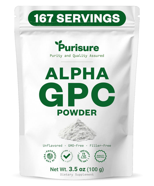 Purisure Alpha GPC powder bottle closeup for focus support.