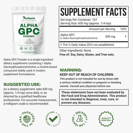 Purisure Alpha GPC jar label visible, indicating premium choline source.