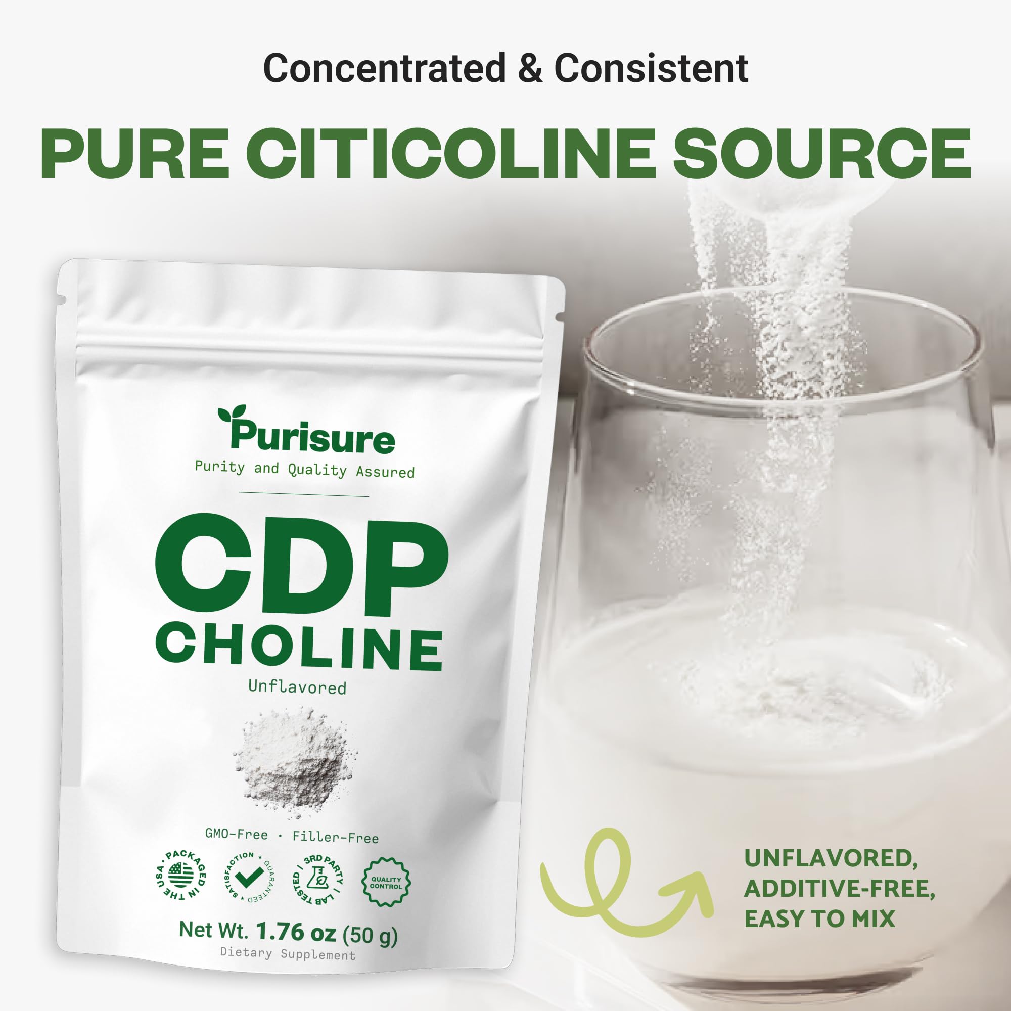 Purisure CDP Choline Powder with a measuring scoop for accurate daily servings.