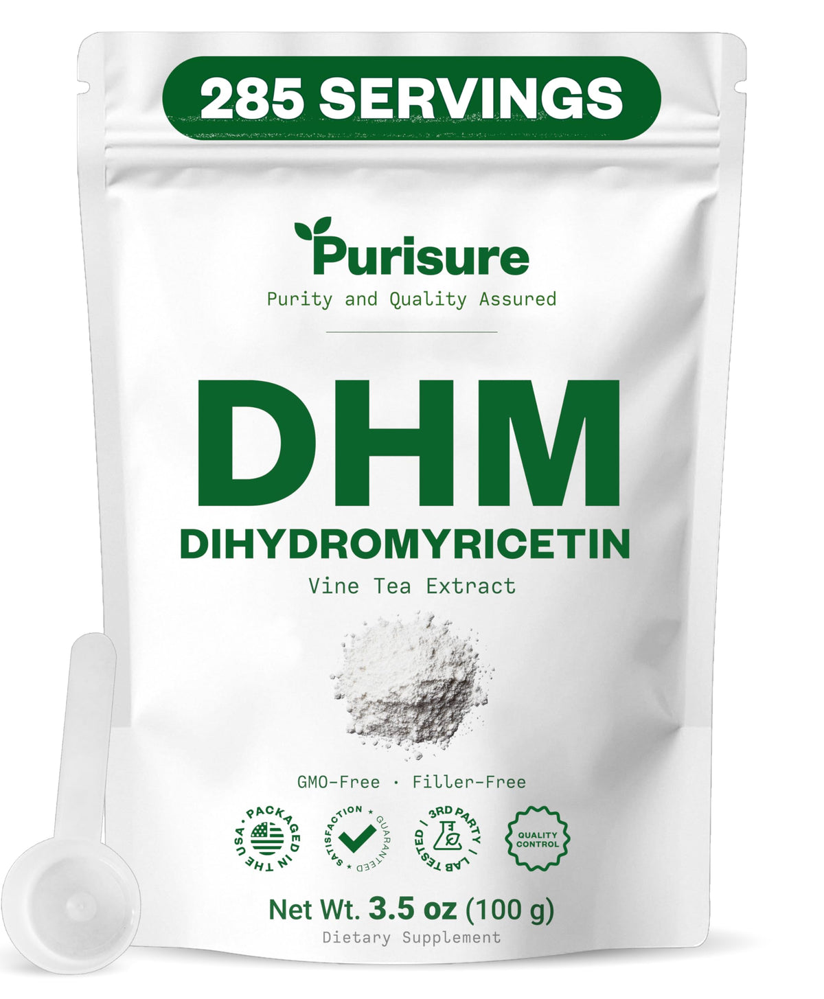 Purisure DHM powder bottle front, premium wellness support for daily use.