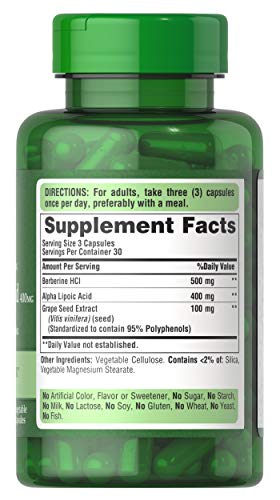 Puritan's Pride berberine alpha lipoic acid grape seed capsules back view, showing quality and sourcing.