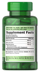 Puritan's Pride berberine alpha lipoic acid grape seed capsules back view, showing quality and sourcing.