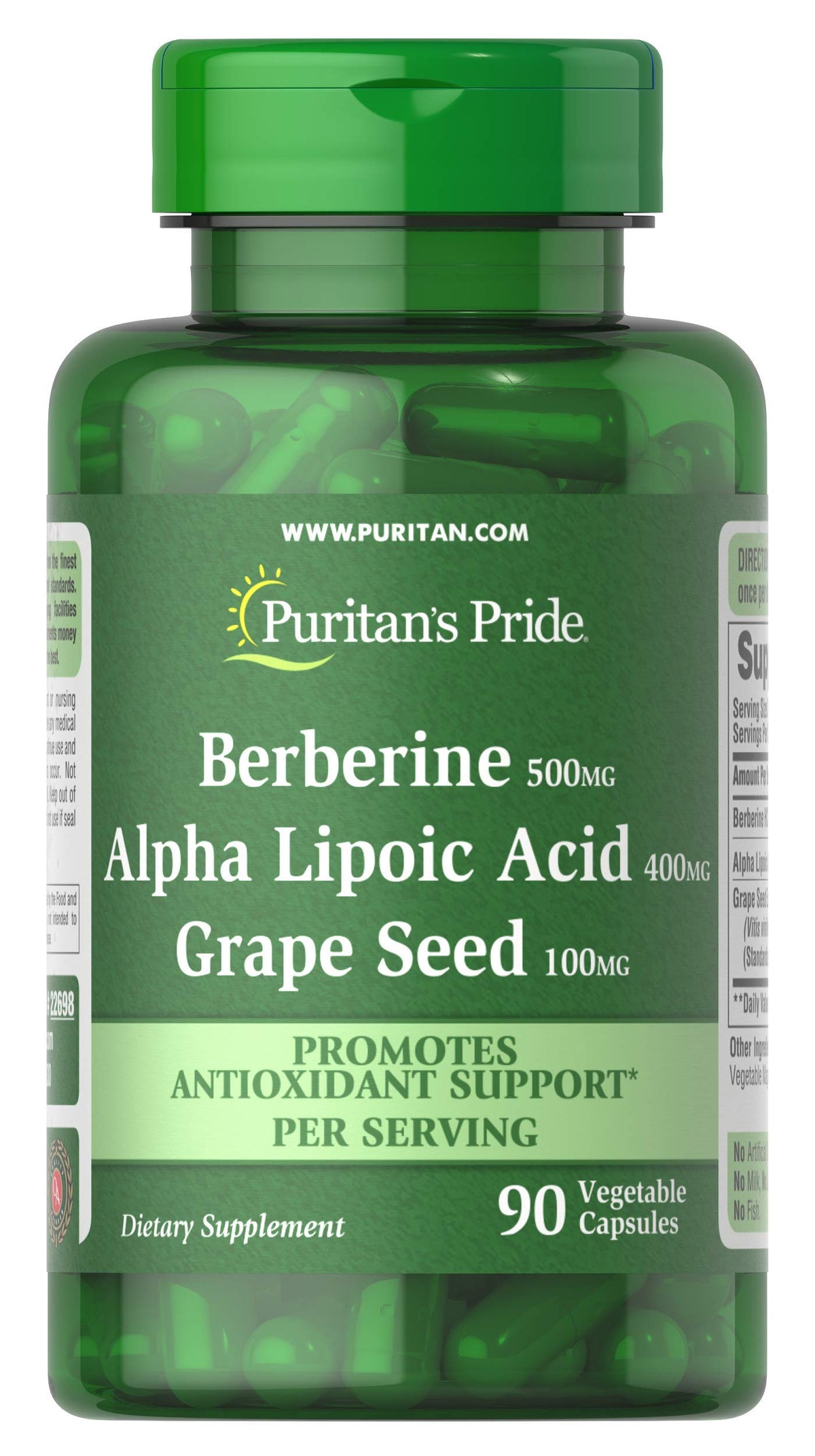 Puritan's Pride berberine alpha lipoic acid grape seed capsules front view for antioxidant support.