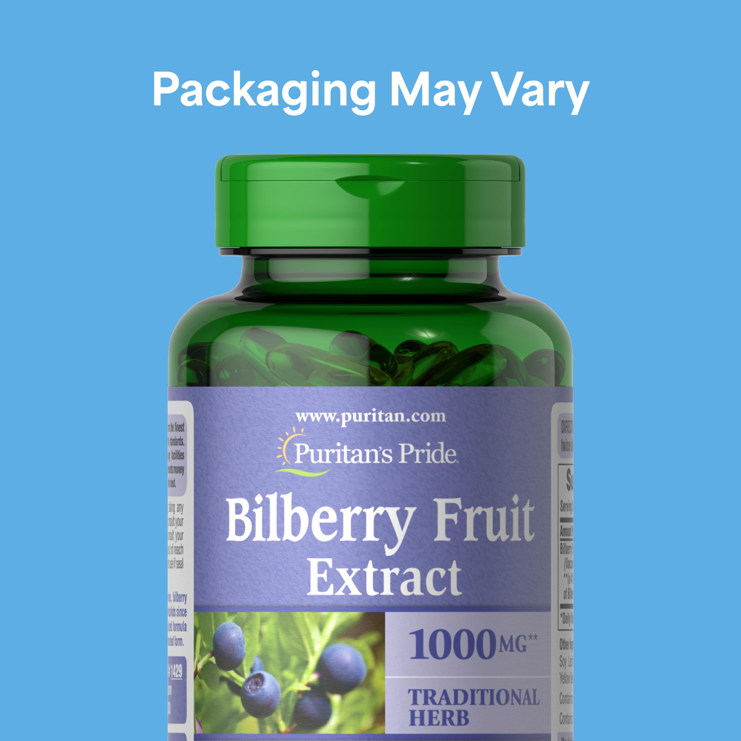 Puritan's Pride Bilberry 4:1 extract close-up shows potency and quality.