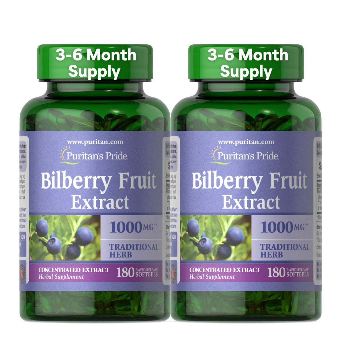 Puritan's Pride Bilberry softgel 250 mg on white background for daily wellness.