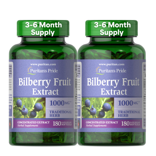 Puritan's Pride Bilberry softgel 250 mg on white background for daily wellness.
