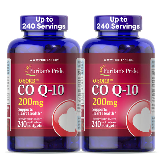 Puritan's Pride CoQ10 200 mg softgels bottle promotes heart support and energy.