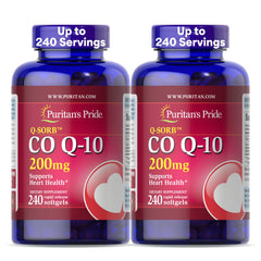 Puritan's Pride CoQ10 200 mg softgels bottle promotes heart support and energy.