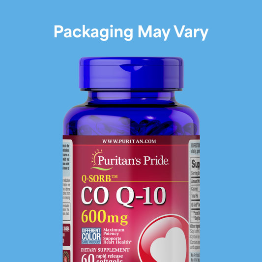 Close-up of Puritan's Pride CoQ10 600mg label showing potency.