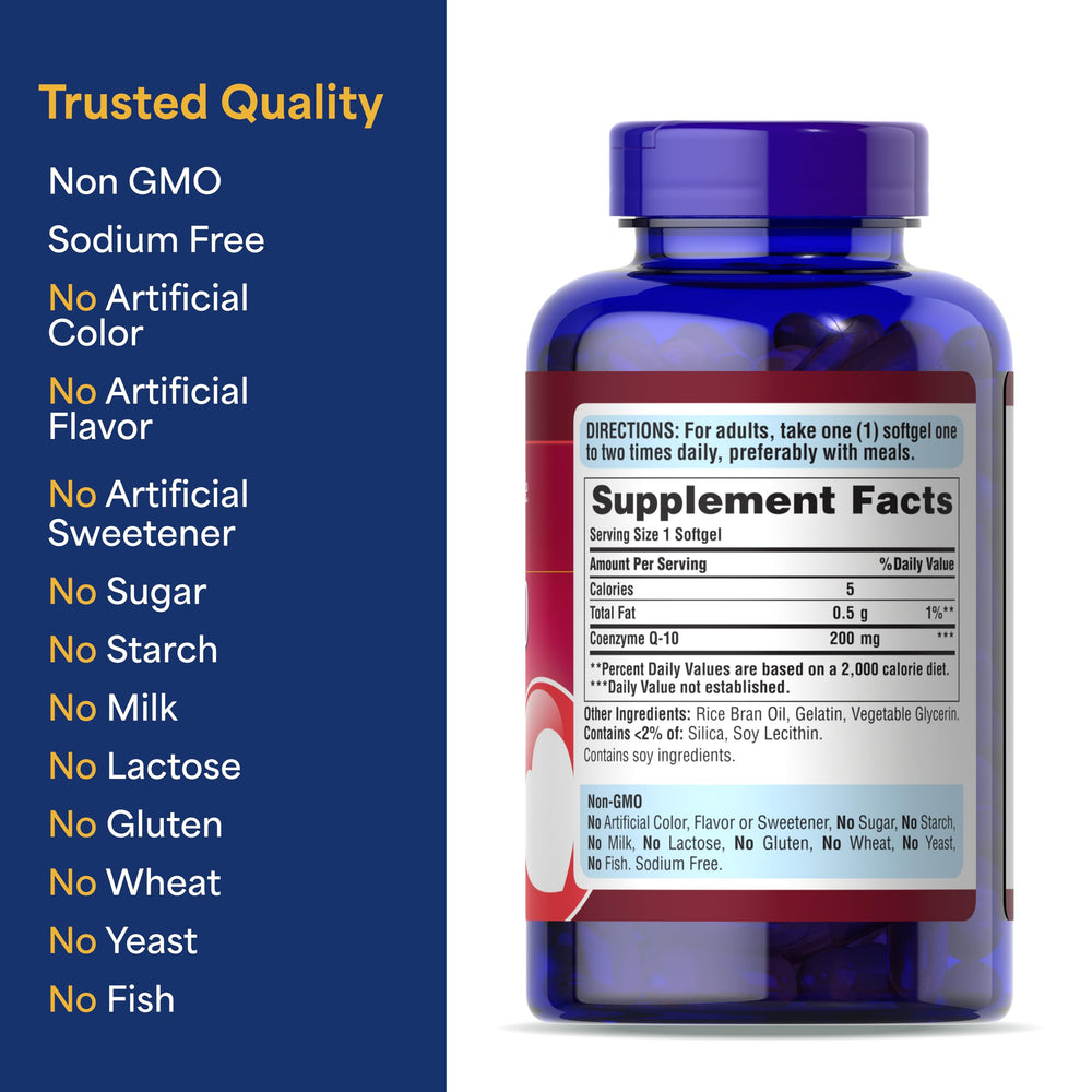 Puritan's Pride CoQ10 heart health visual emphasizes circulation support and cellular energy.