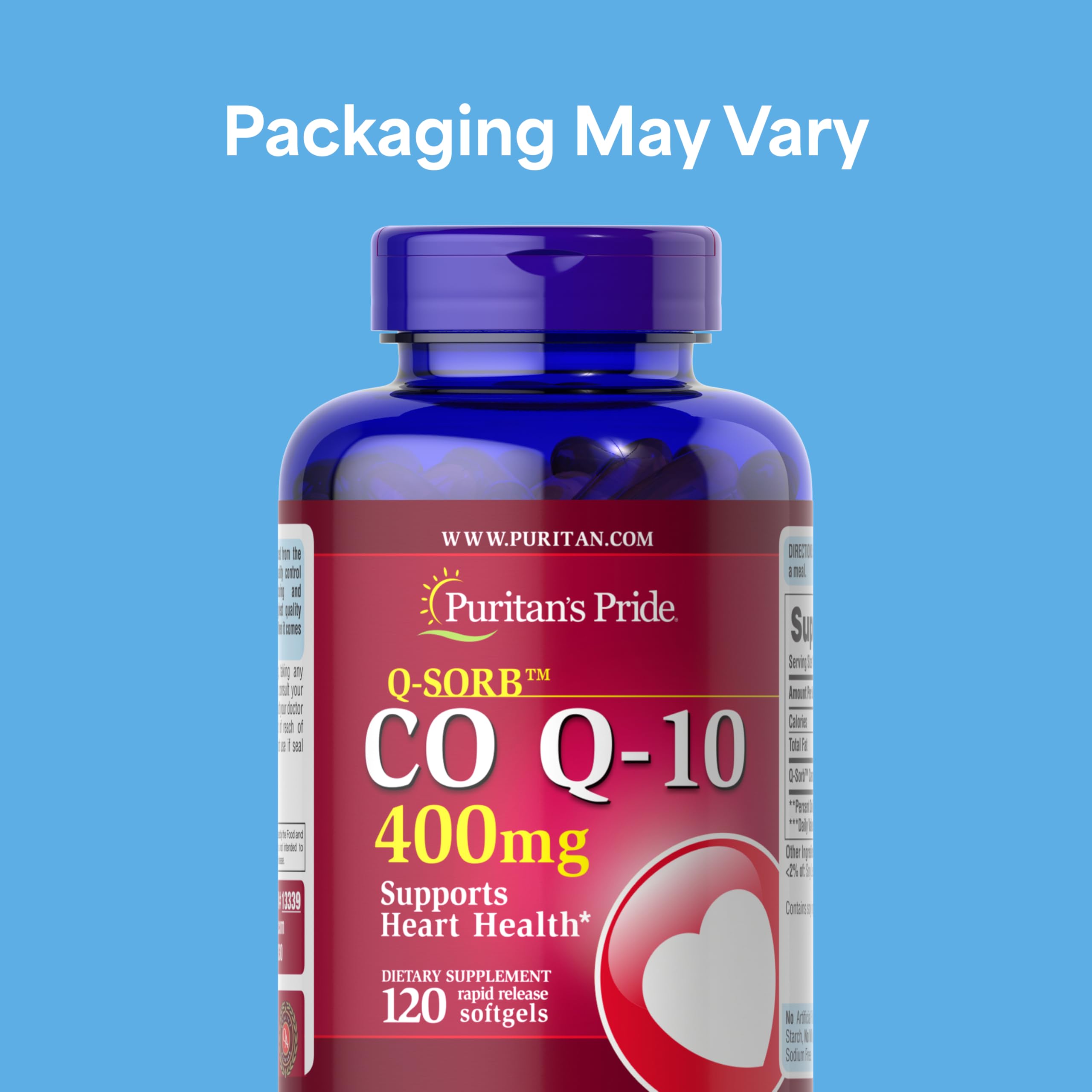 Puritan's Pride CoQ10 softgels close-up highlighting easy daily intake.