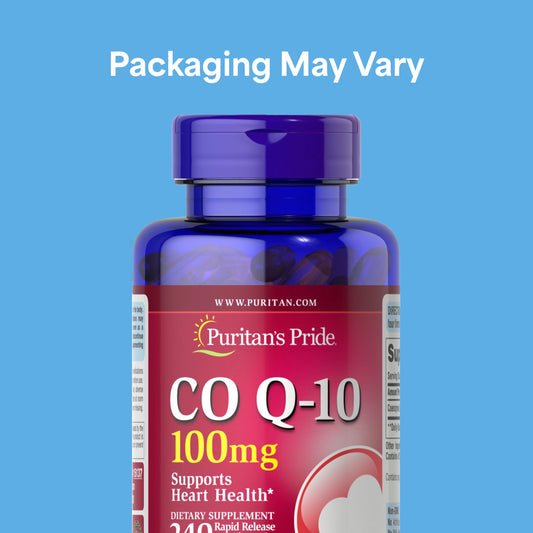 Puritan's Pride CoQ10 softgels closeup shows rapid-release capsules for better absorption.