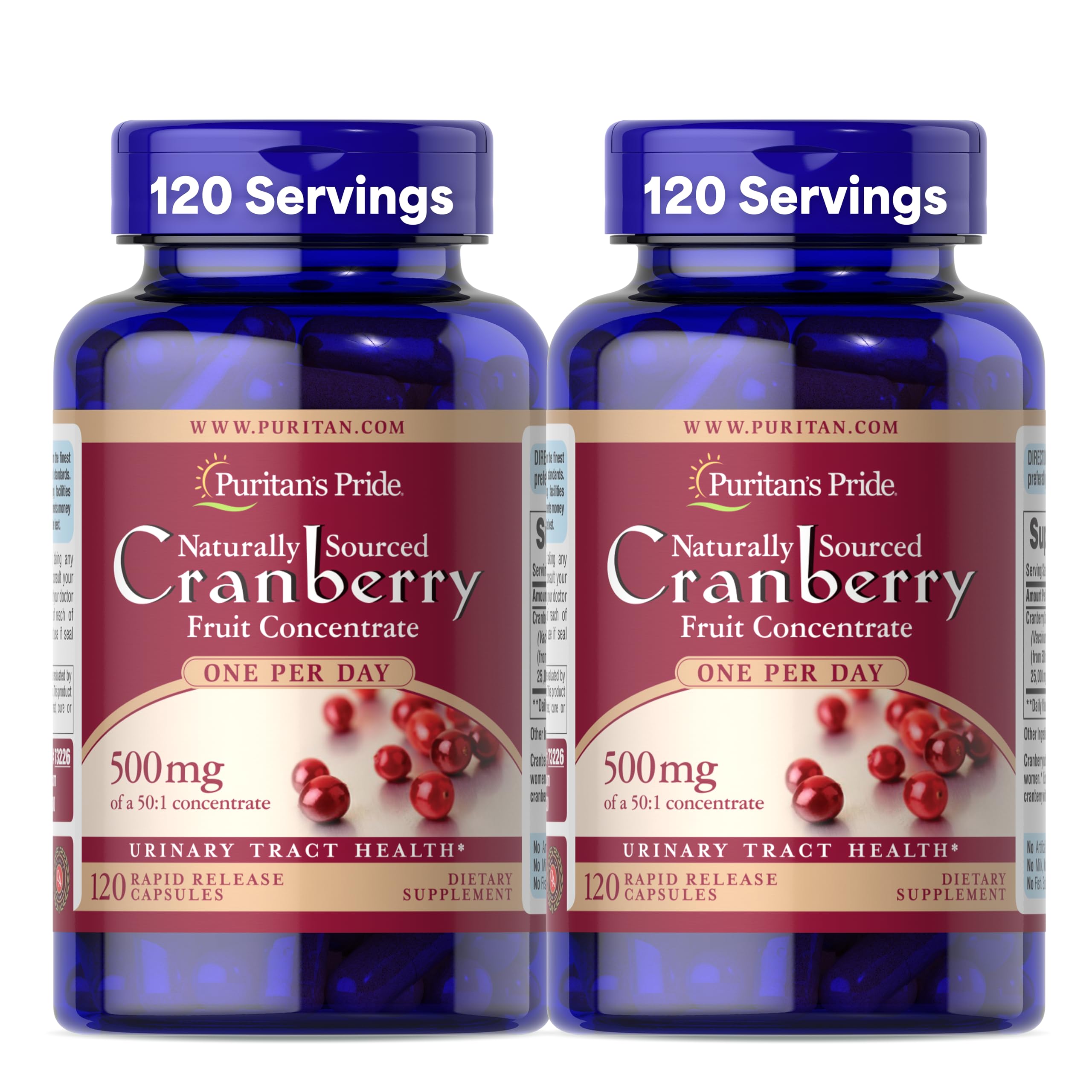 Puritan's Pride Cranberry Concentrate 500mg bottle with 50:1 extract for urinary support