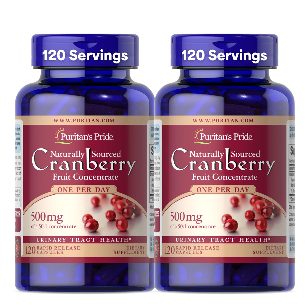 Puritan's Pride Cranberry Concentrate 500mg bottle with 50:1 extract for urinary support