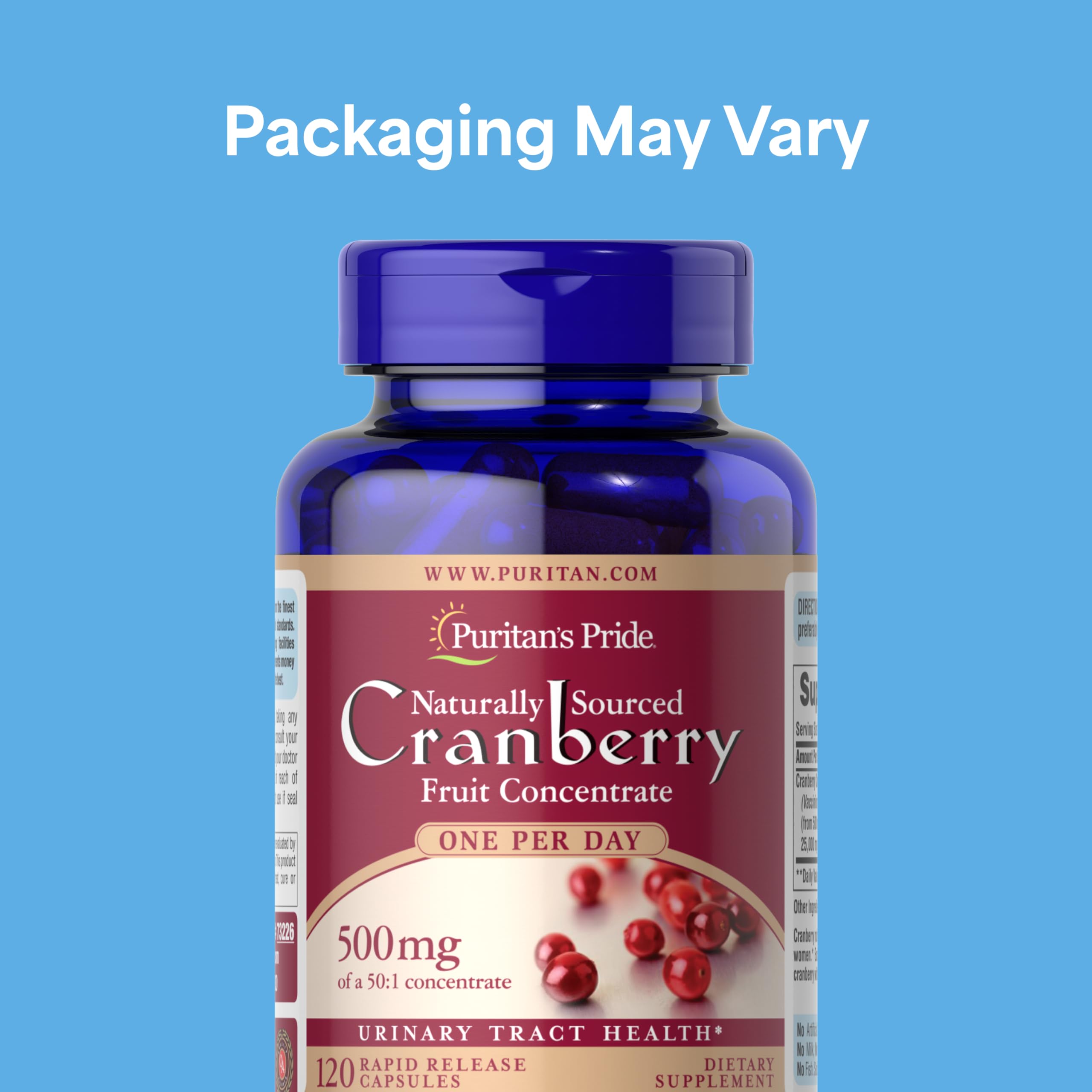 Puritan's Pride Cranberry Concentrate capsules shown as rapid-release format