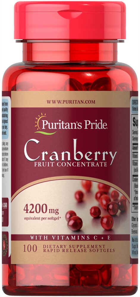 Puritan's Pride cranberry concentrate bottle pour supports convenient daily supplementation.